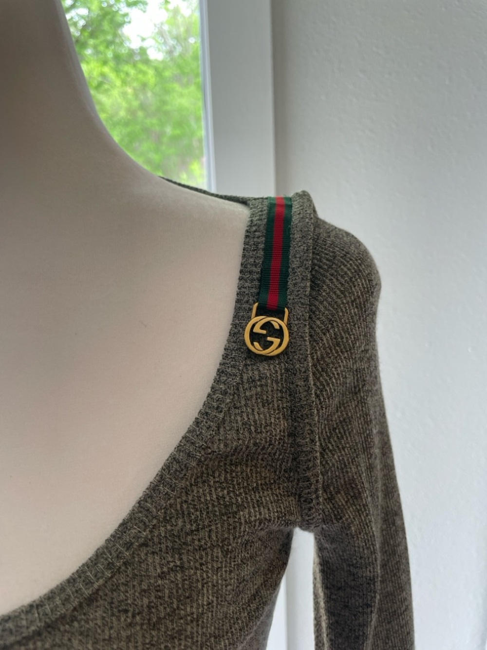 Gucci Olive Brown Wool-Silk Blend Sweater with Web Stripe and Gold GG Button